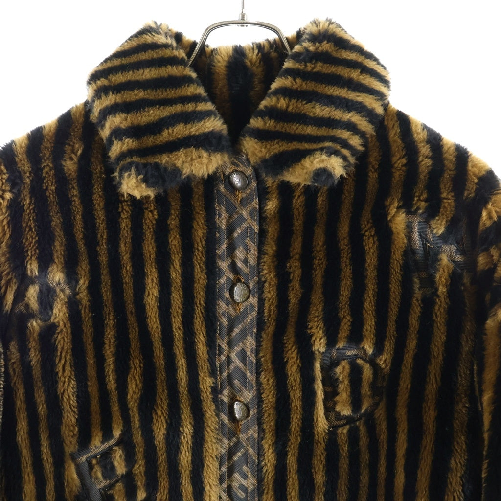 FENDI(フェンディ) ズッカ柄 ぺカンストライプ アセテート×レーヨン ファー ロング ブルゾン アウター #44 ブラウン レディース