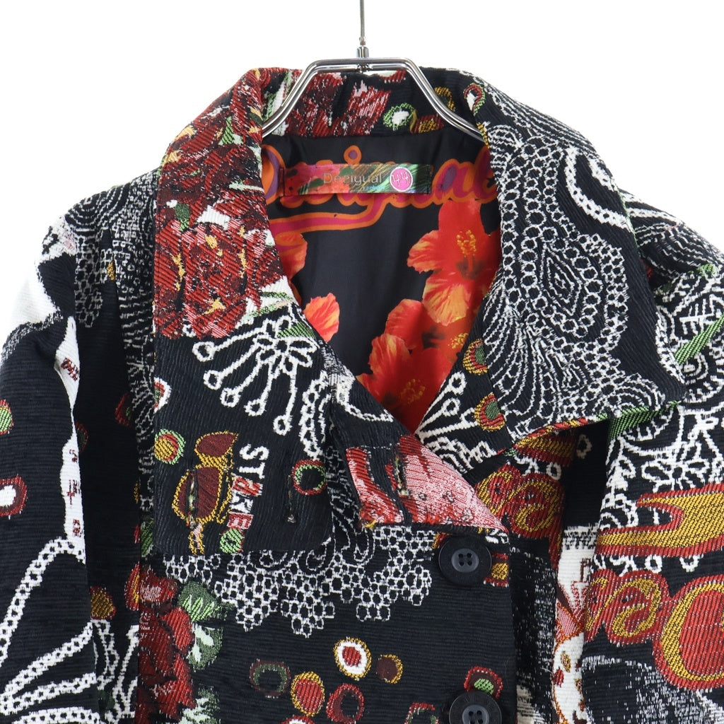 Desigual(デシグアル) 小ブラン織 フラワー デザインロングコート ブラック×マルチカラー レディース