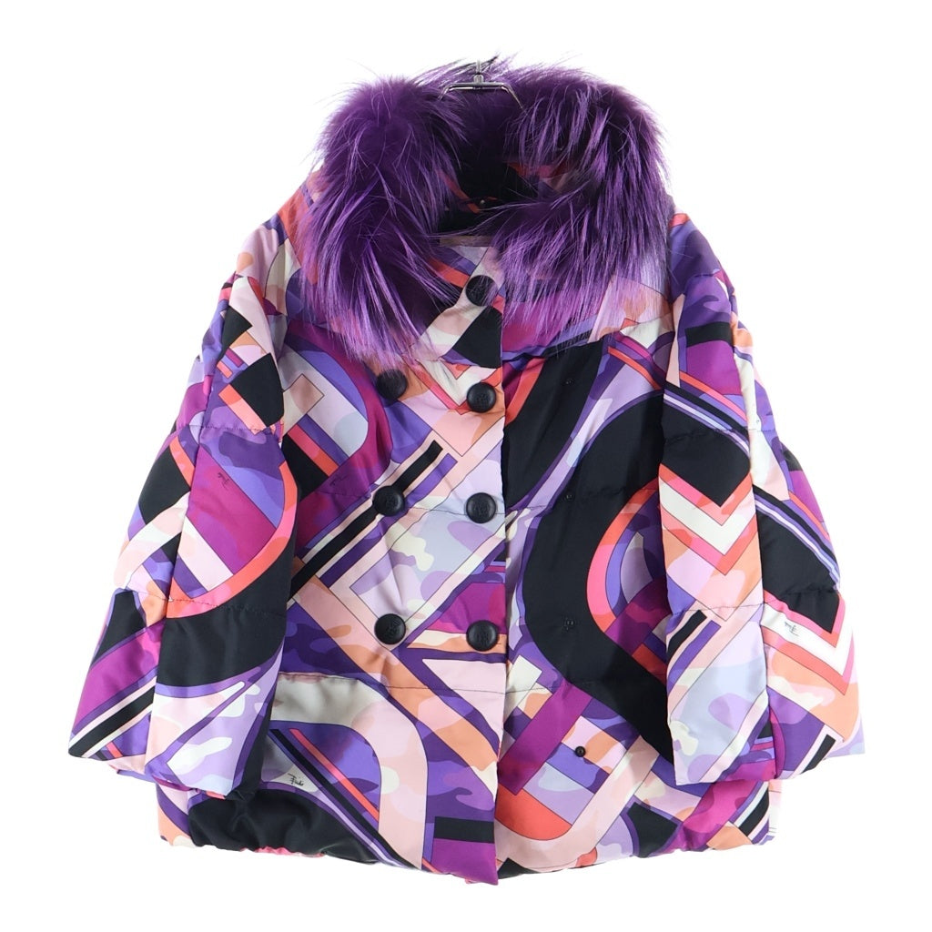 EMILIO PUCCI(エミリオプッチ) プッチ総柄プリント ファー ダブルブレスト ダウンジャケット パープル 46YB20 レディース