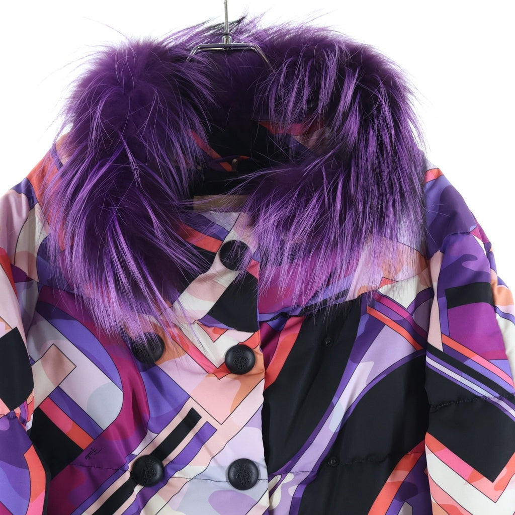 EMILIO PUCCI(エミリオプッチ) プッチ総柄プリント ファー ダブルブレスト ダウンジャケット パープル 46YB20 レディース