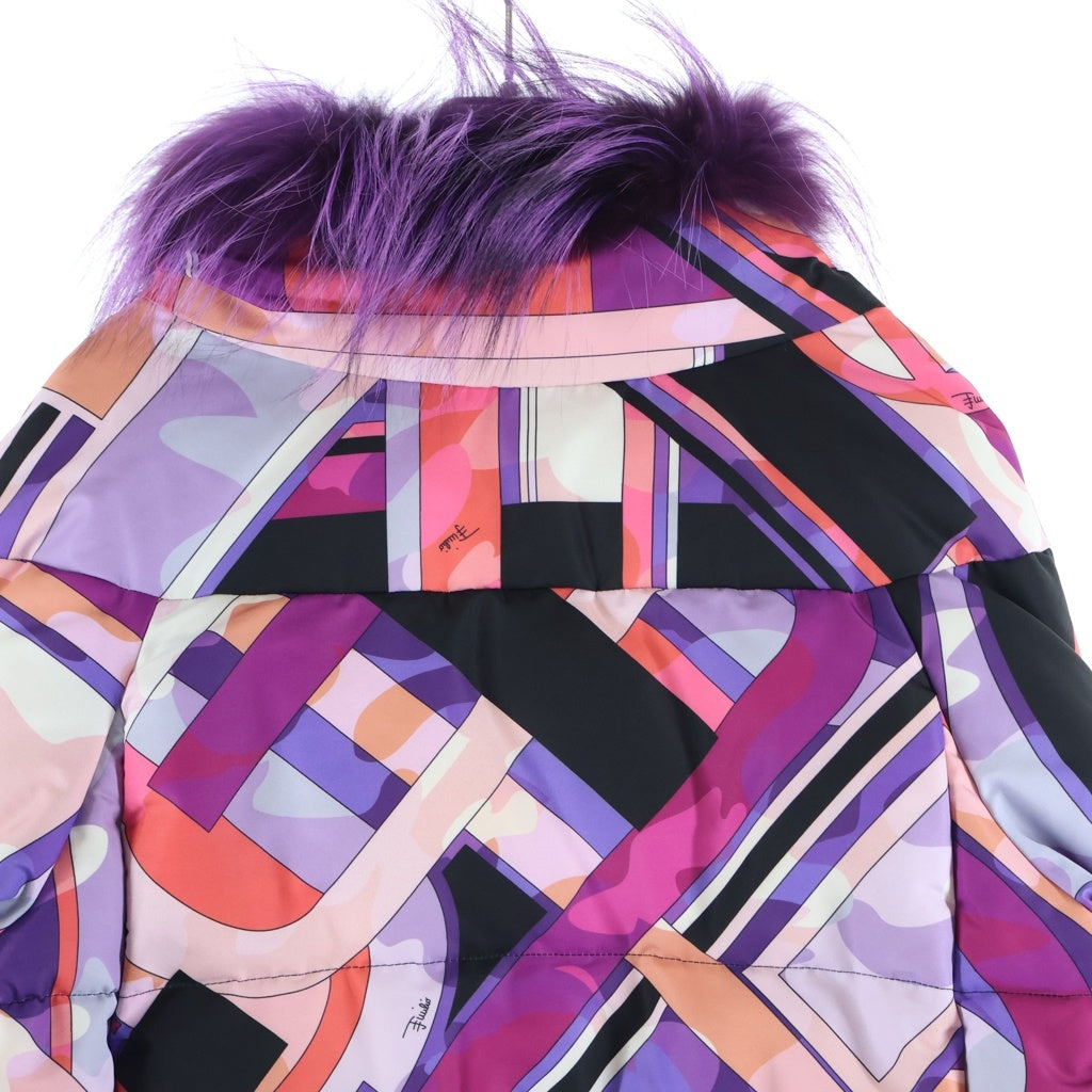 EMILIO PUCCI(エミリオプッチ) プッチ総柄プリント ファー ダブルブレスト ダウンジャケット パープル 46YB20 レディース