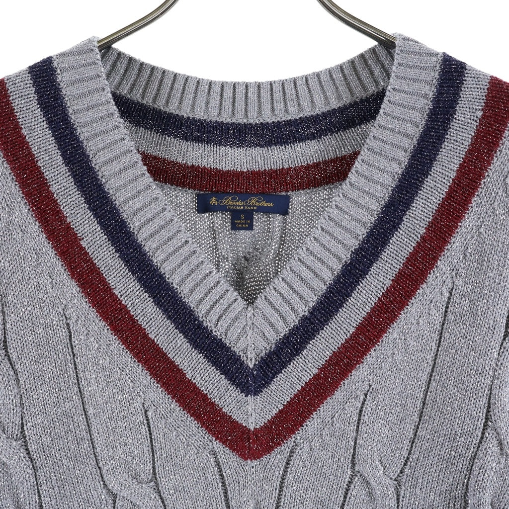 BROOKS BROTHERS(ブルックス ブラザーズ) ケーブルVネックラメニット トップス シルバー グレー レディース