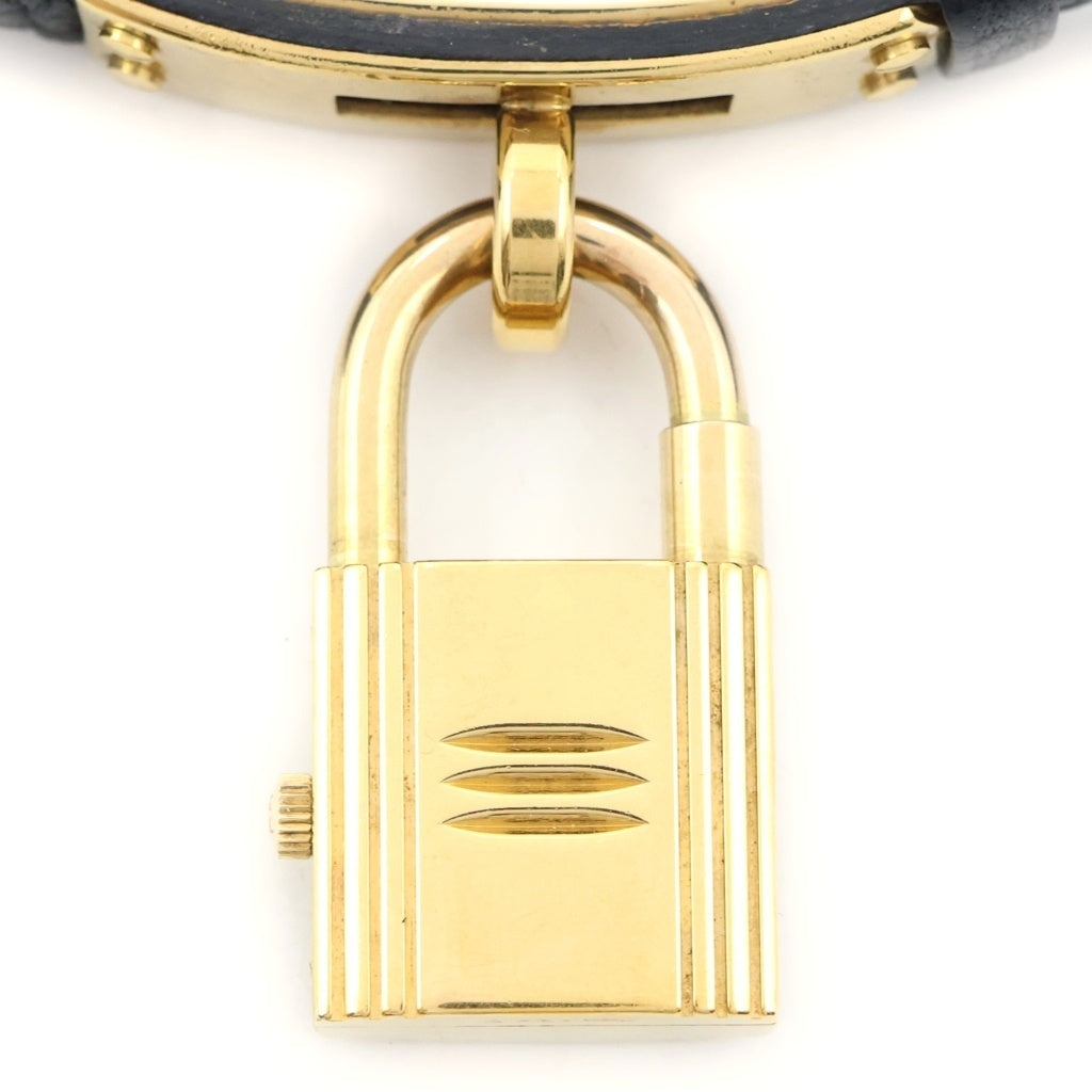 HERMES(エルメス) ケリーウォッチ 黒文字盤 GP×革/QZ 〇T刻印 クォーツ 電池式 腕時計 ブラック/ゴールド レディース