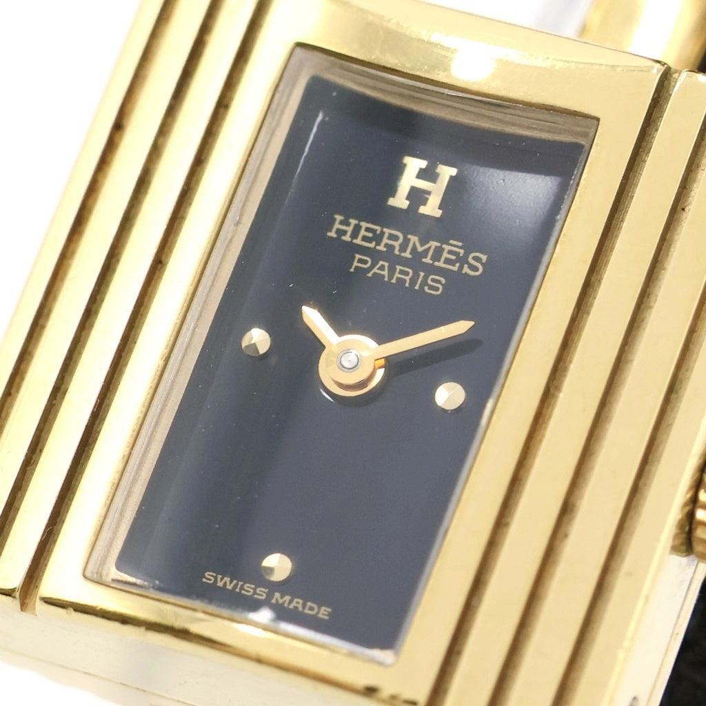 HERMES(エルメス) ケリーウォッチ 黒文字盤 GP×革/QZ 〇T刻印 クォーツ 電池式 腕時計 ブラック/ゴールド レディース