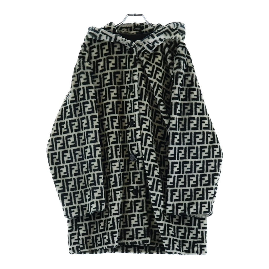 FENDI(フェンディ) ズッカ総柄 アクリルファー フーデッド ロングジャケット コート ホワイト/ブラック レディース