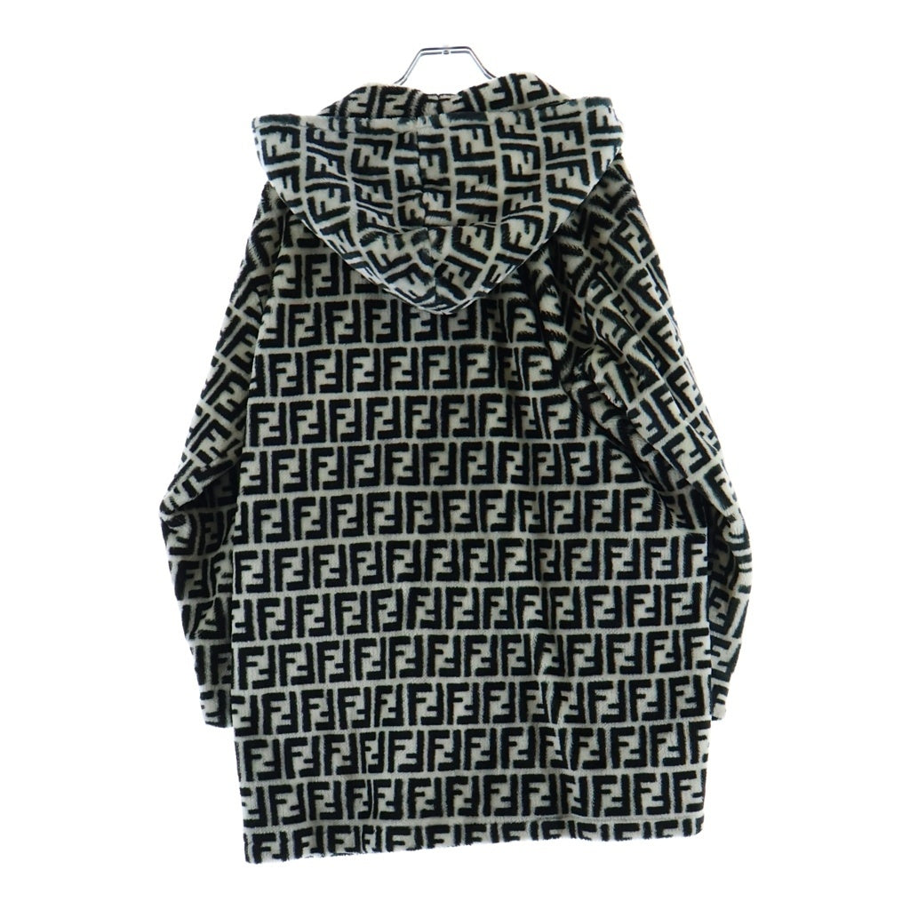 FENDI(フェンディ) ズッカ総柄 アクリルファー フーデッド ロングジャケット コート ホワイト/ブラック レディース