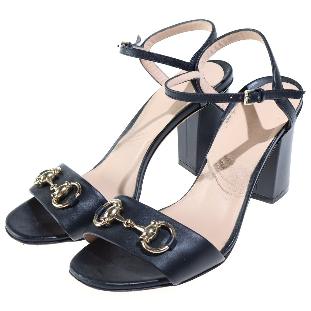 GUCCI(グッチ) ホースビット レザー アンクルストラップ ヒールサンダル オープントゥサンダル シューズ #36 1/2 ブラック レディース