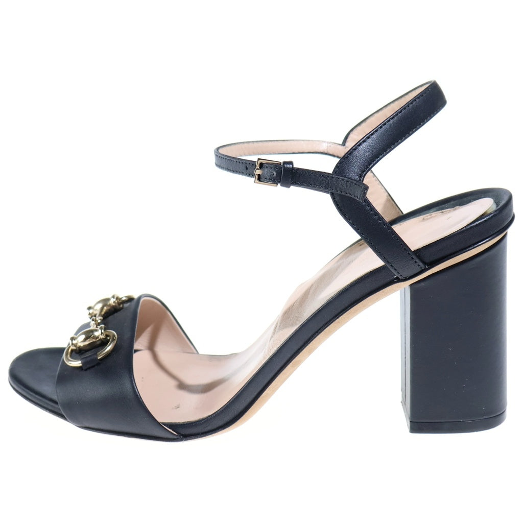 GUCCI(グッチ) ホースビット レザー アンクルストラップ ヒールサンダル オープントゥサンダル シューズ #36 1/2 ブラック レディース