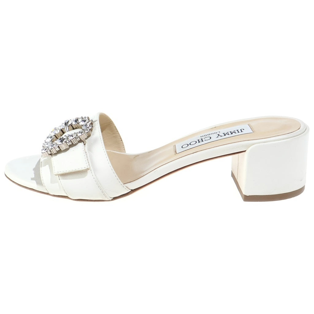 JIMMY CHOO(ジミーチュウ) クリスタルバックル レザー ミュール ヒール サンダル シューズ #36 ホワイト レディース