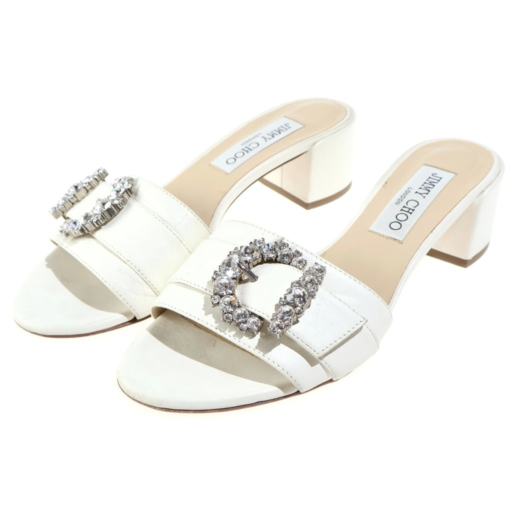 JIMMY CHOO(ジミーチュウ) クリスタルバックル レザー ミュール ヒール サンダル シューズ #36 ホワイト レディース