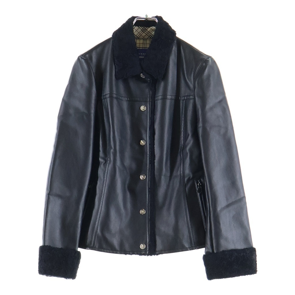 BURBERRY BLUE LABEL(バーバリーブルーレーベル) フェイクレザー×ボア ジャケット フロントボタン ステンカラージャケット アウター #38 ブラック レディース