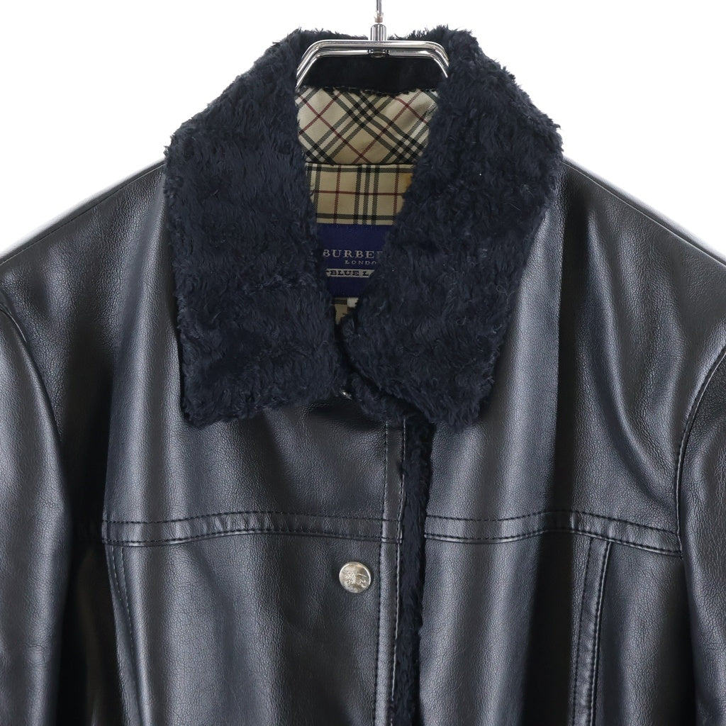 BURBERRY BLUE LABEL(バーバリーブルーレーベル) フェイクレザー×ボア ジャケット フロントボタン ステンカラージャケット アウター #38 ブラック レディース