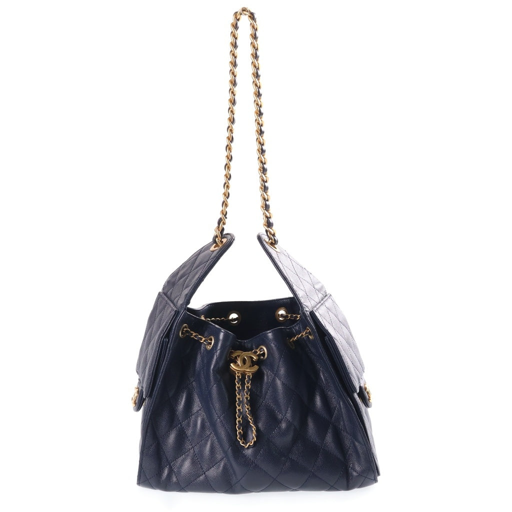 CHANEL(シャネル) シャネル25 チェーンワンショルダーバッグ ネイビー キャビアスキン プレートシリアル AS5293 ゴールド金具 レディース