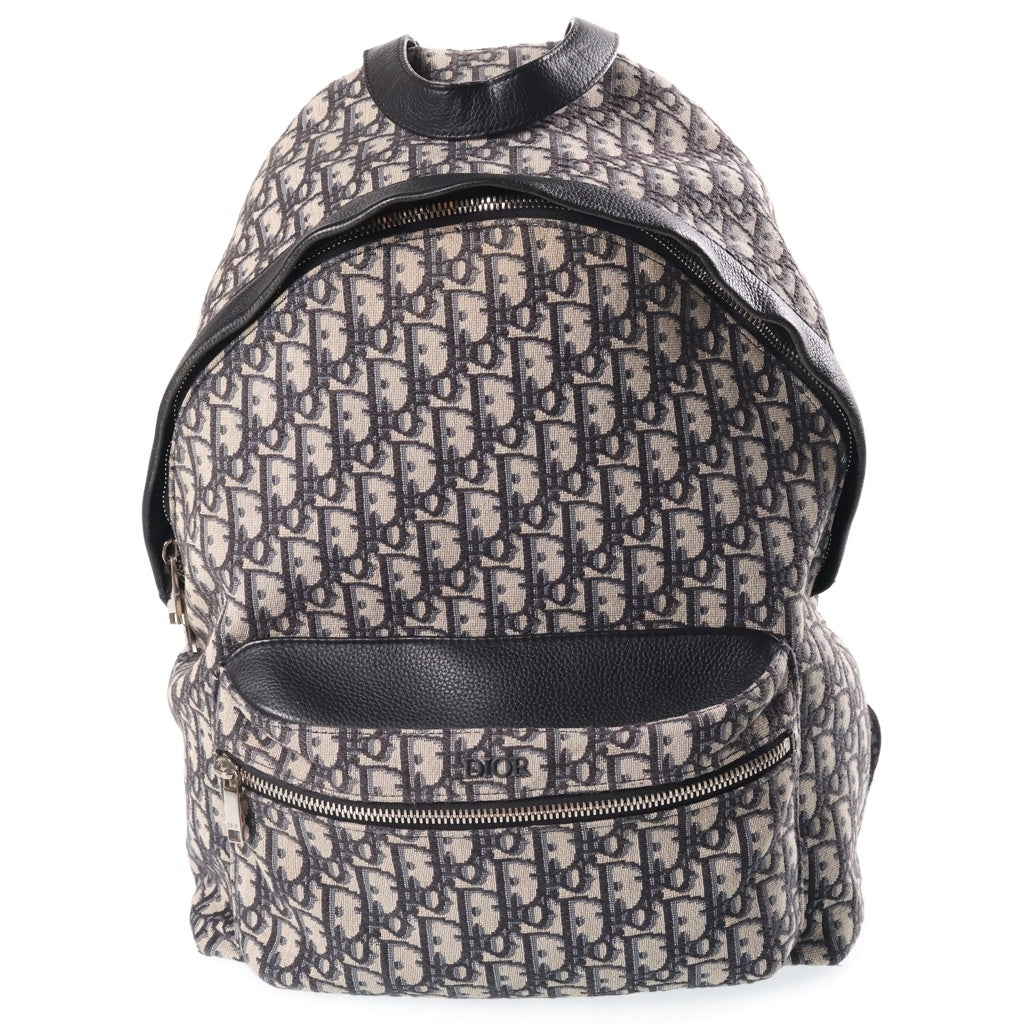 DIOR(ディオール) オブリーク バックパック リュックサック ネイビー×ベージュ レザー×キャンバス シルバー金具 レディース