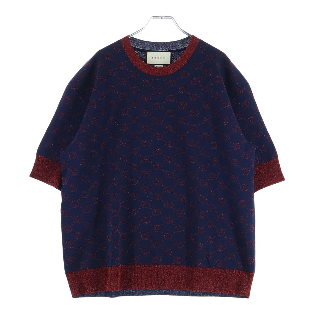 GUCCI(グッチ) GGラメ 半袖ニット セーター ジャカード GGロゴ 総柄 ネイビー/レッド 605920 XKAHT レディース