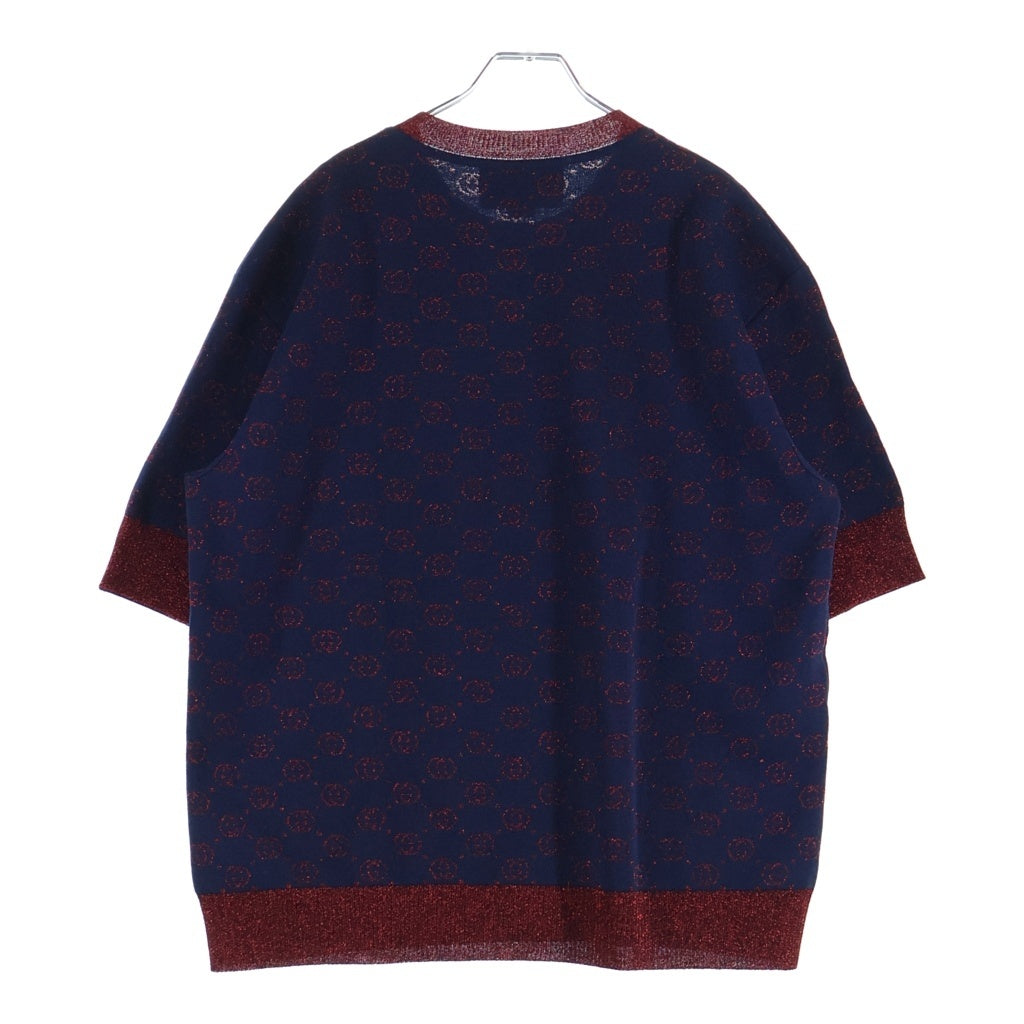 GUCCI(グッチ) GGラメ 半袖ニット セーター ジャカード GGロゴ 総柄 ネイビー/レッド 605920 XKAHT レディース