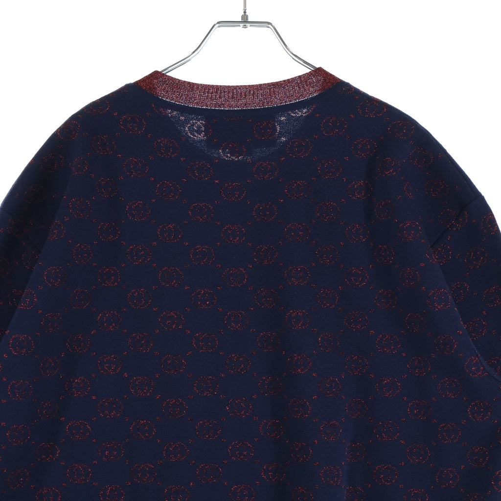 GUCCI(グッチ) GGラメ 半袖ニット セーター ジャカード GGロゴ 総柄 ネイビー/レッド 605920 XKAHT レディース