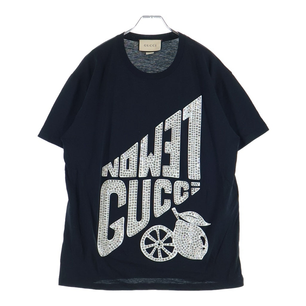 GUCCI(グッチ) 22SS JERSEY PRINTED T-SHIRT ラインストーン 半袖ロゴTシャツ カットソー コットン ブラック 615044 XJDZ4 レディース