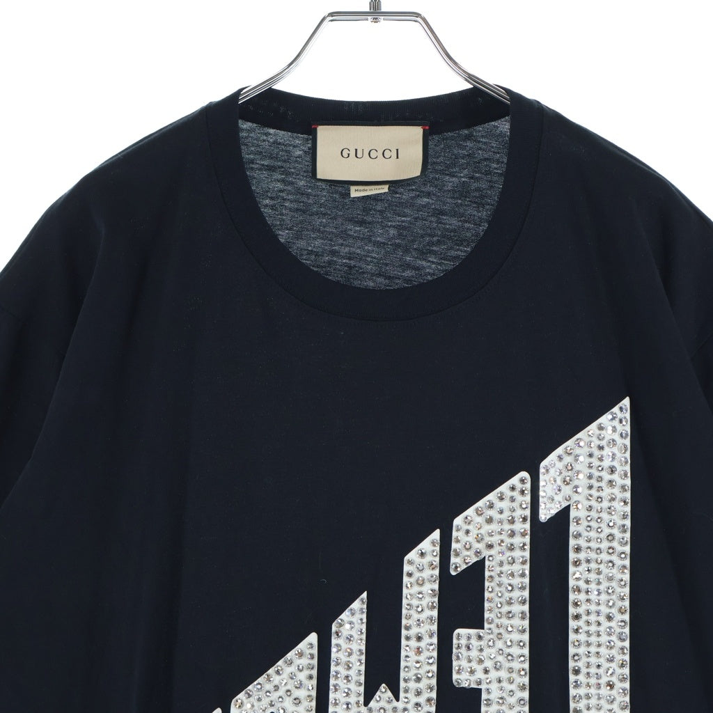 GUCCI(グッチ) 22SS JERSEY PRINTED T-SHIRT ラインストーン 半袖ロゴTシャツ カットソー コットン ブラック 615044 XJDZ4 レディース