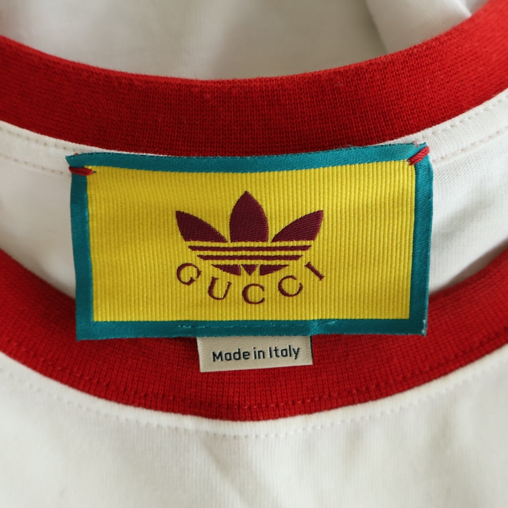 GUCCI(グッチ) ×adidas 22SS Cotton Jersey T-shirt トレフォイルロゴ 半袖リンガーTシャツ カットソー コットン ホワイト 702612 XJEB1 レディース