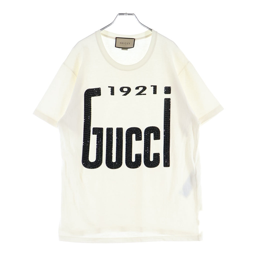GUCCI(グッチ) クリスタル ロゴプリント ビジュー装飾 1921 半袖Tシャツ カットソー ホワイト/ブラック 615044 レディース