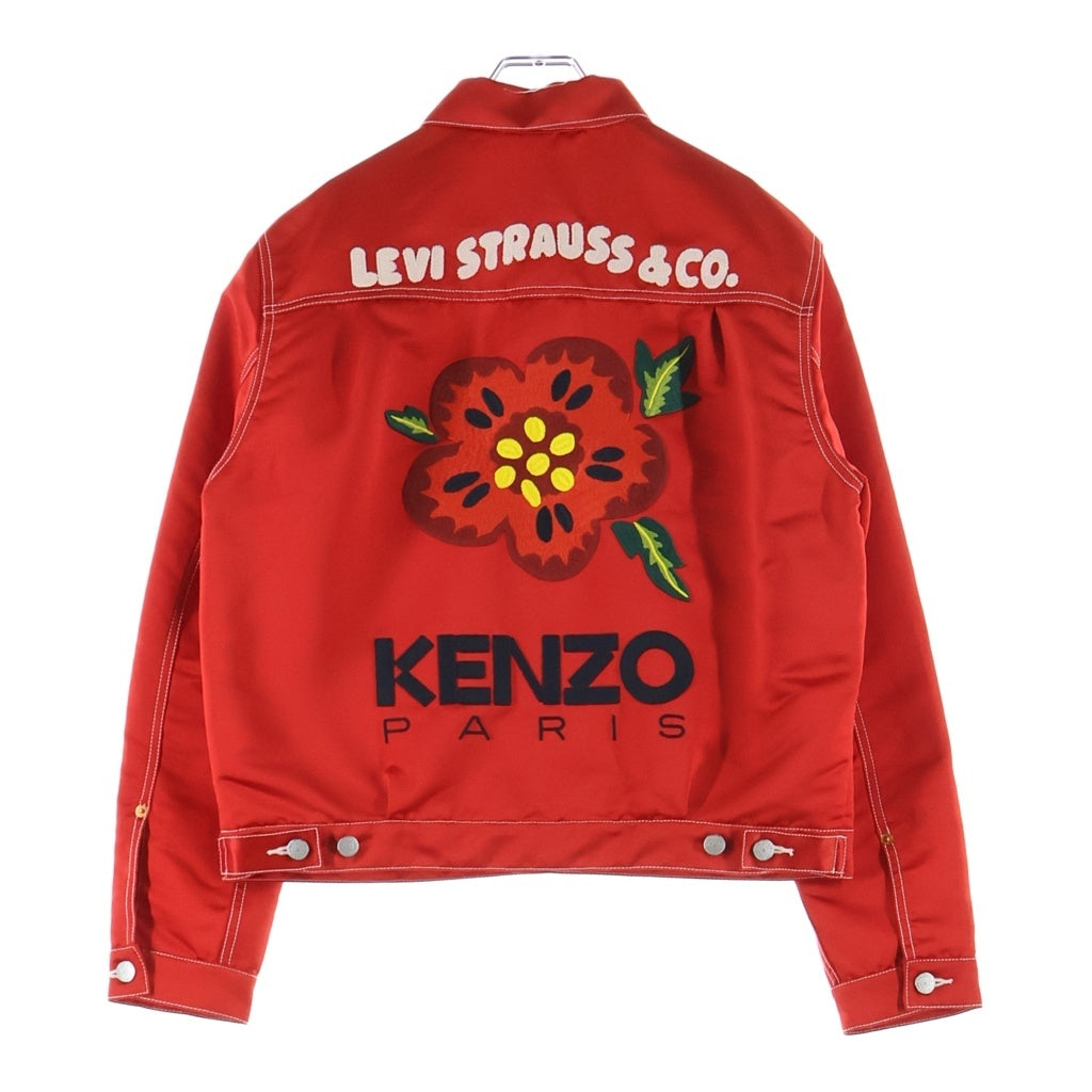 KENZO(ケンゾー) ×Levi's 23年 Type II Satin Trucker Jacket セカンドモデル サテントラッカージャケット 花柄刺繍 ロゴ レッド FD65VE301LE8 レディース
