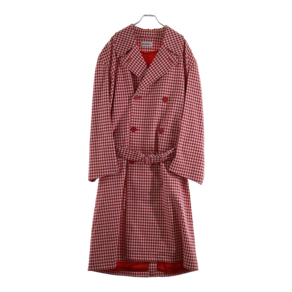 BALENCIAGA(バレンシアガ) 20AW Houndstooth Double Breasted Coat ダブルブレスト ロングチェスターコート 千鳥格子柄 ホワイト/レッド 626569 TIP05 レディース