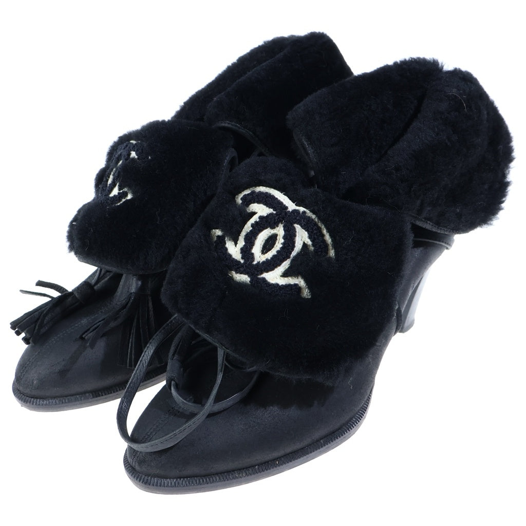 CHANEL(シャネル) CC Logo Boots ココマーク ファー切り替え レザーヒールブーツ イタリア製 ブラック レディース