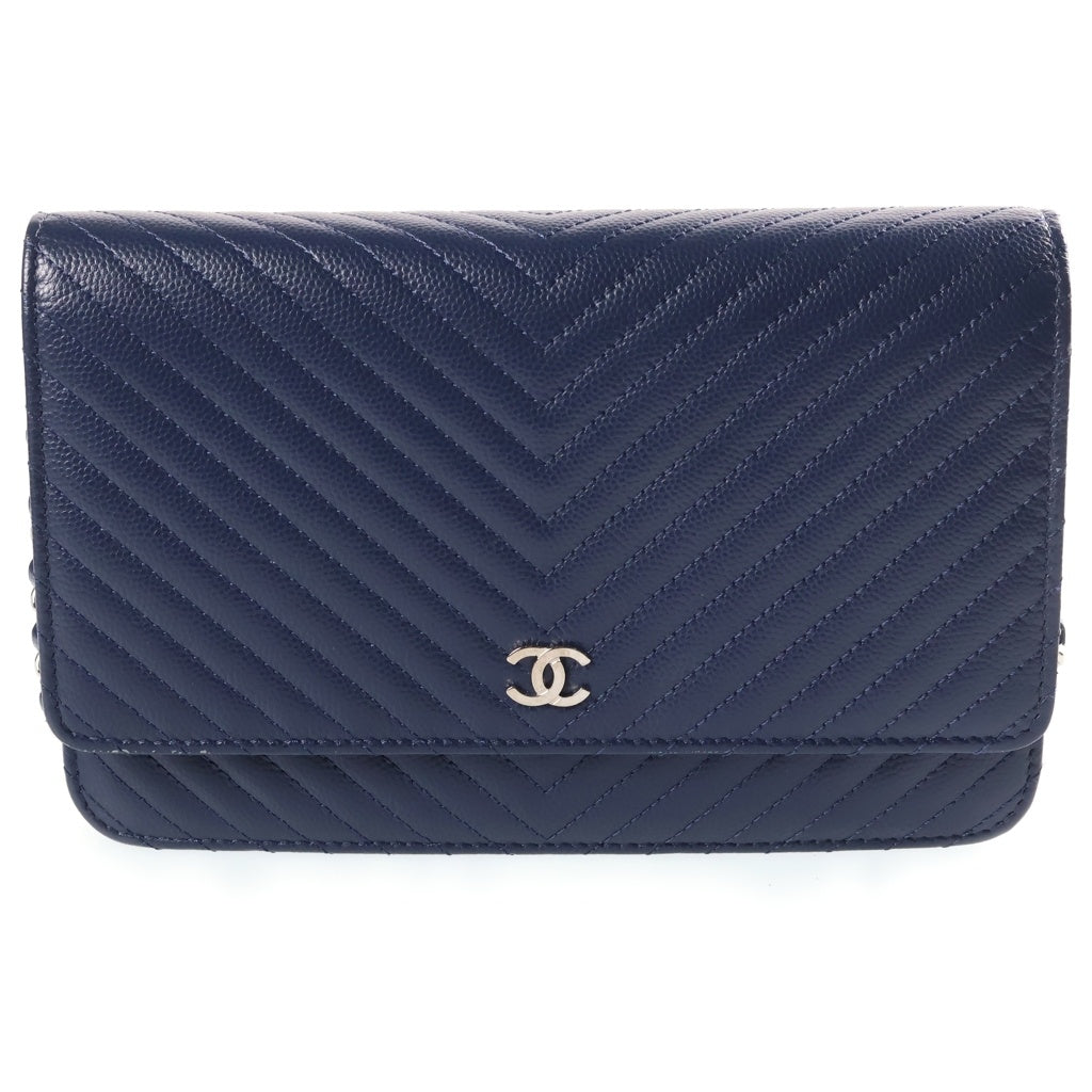 CHANEL(シャネル) シェブロン チェーンウォレット ネイビー キャビアスキン シルバー金具 22番台 レディース
