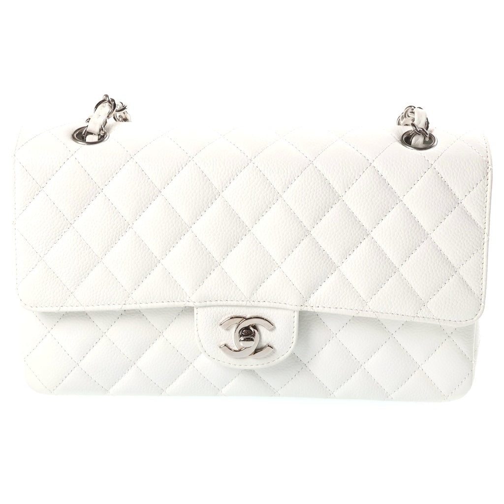 CHANEL(シャネル) マトラッセ25 キャビアスキン ダブルフラップ ダブルチェーン ショルダーバッグ シルバー金具 ホワイト A01112 12番台 レディース