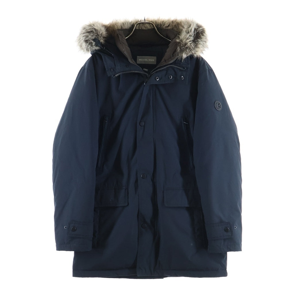 MICHAEL KORS(マイケルコース) HOODED FUR COAT フード付き ファーロングコート ジップアップ 袖ロゴパッチ ネイビー