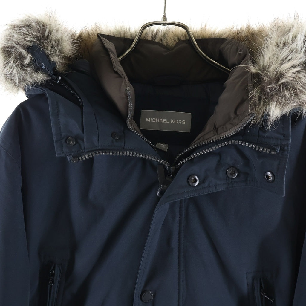MICHAEL KORS(マイケルコース) HOODED FUR COAT フード付き ファーロングコート ジップアップ 袖ロゴパッチ ネイビー