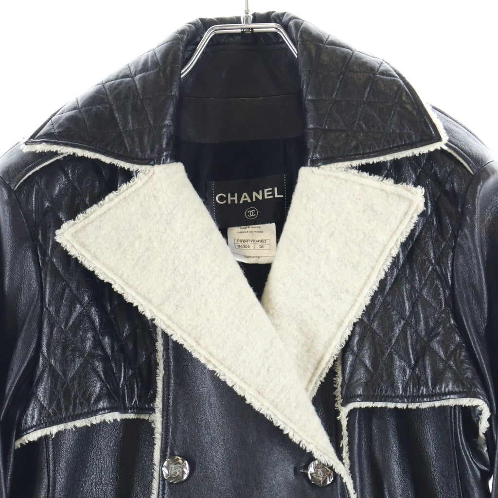 CHANEL(シャネル) ココマークボタン マトラッセ ラムスキン レザー ダブルブレスト ライダース ロングジャケット コート ブラック レディース P41847W04963