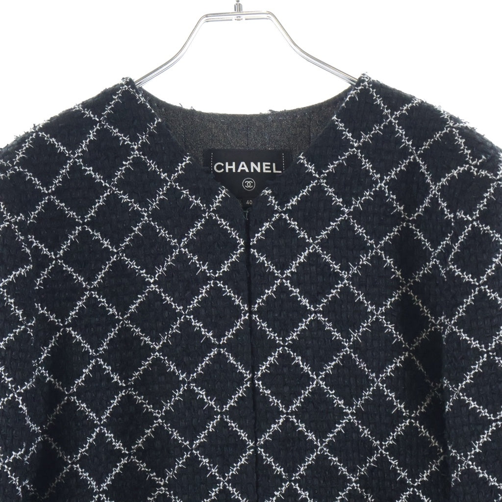 CHANEL(シャネル) ツイード チェック総柄 ノーカラー ガウン ロングコート ブラック レディース P53791V40222