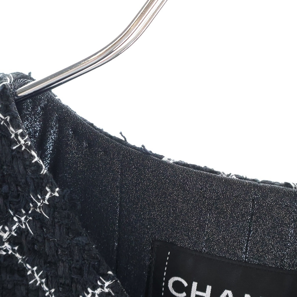 CHANEL(シャネル) ツイード チェック総柄 ノーカラー ガウン ロングコート ブラック レディース P53791V40222