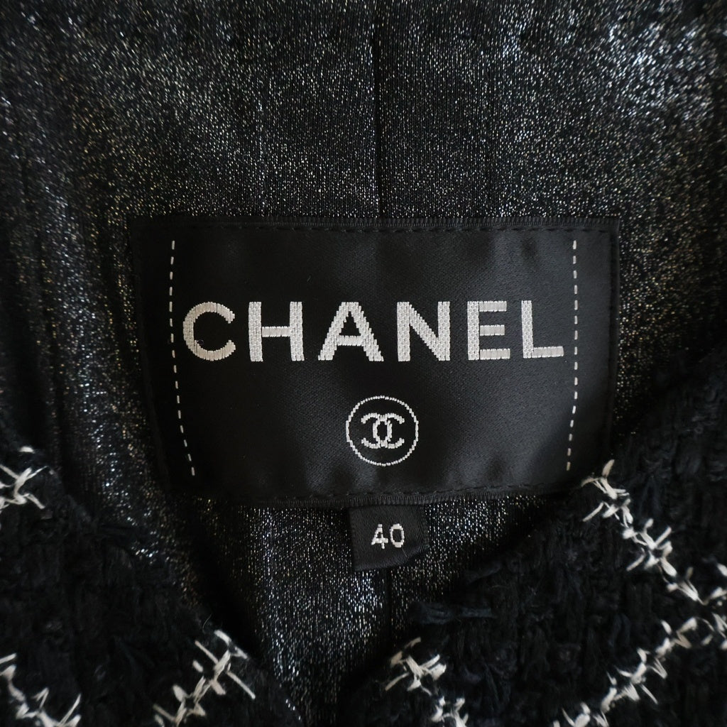 CHANEL(シャネル) ツイード チェック総柄 ノーカラー ガウン ロングコート ブラック レディース P53791V40222