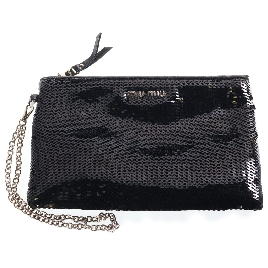 miumiu(ミュウミュウ) ロゴ スパンコール チェーンストラップ ポーチ クラッチ セカンドバッグ ブラック シルバー金具 レディース