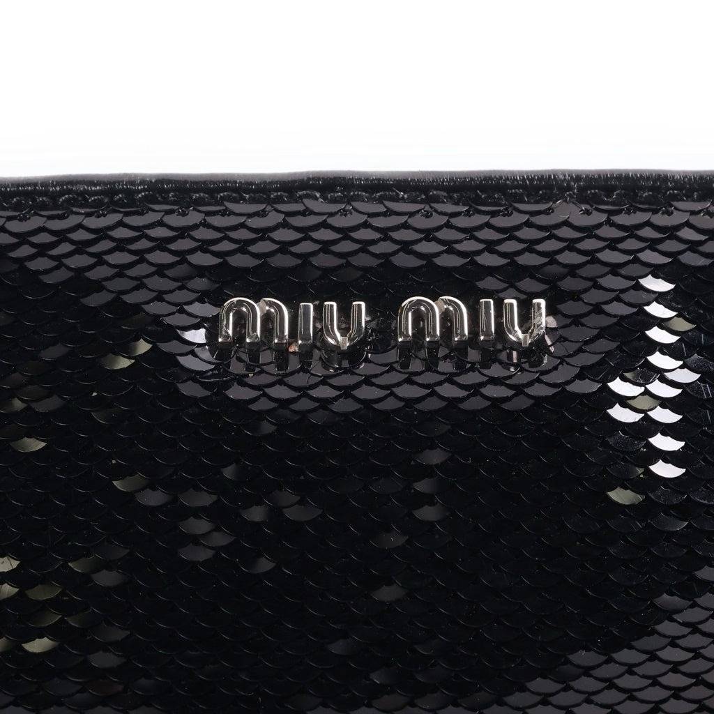 miumiu(ミュウミュウ) ロゴ スパンコール チェーンストラップ ポーチ クラッチ セカンドバッグ ブラック シルバー金具 レディース