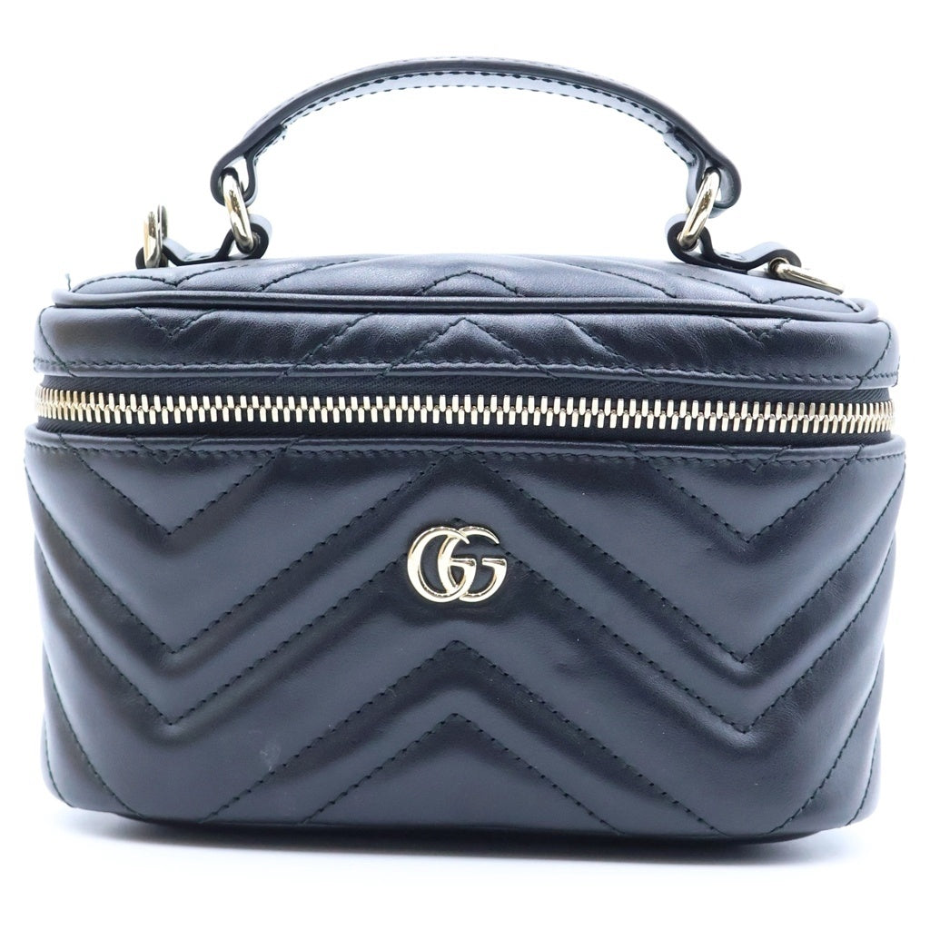 GUCCI(グッチ) GGマーモント ミニ バニティバッグ シェブロン Vステッチ レザー 2WAY ハンド ショルダーバッグ ゴールド金具 ブラック 837454 レディース