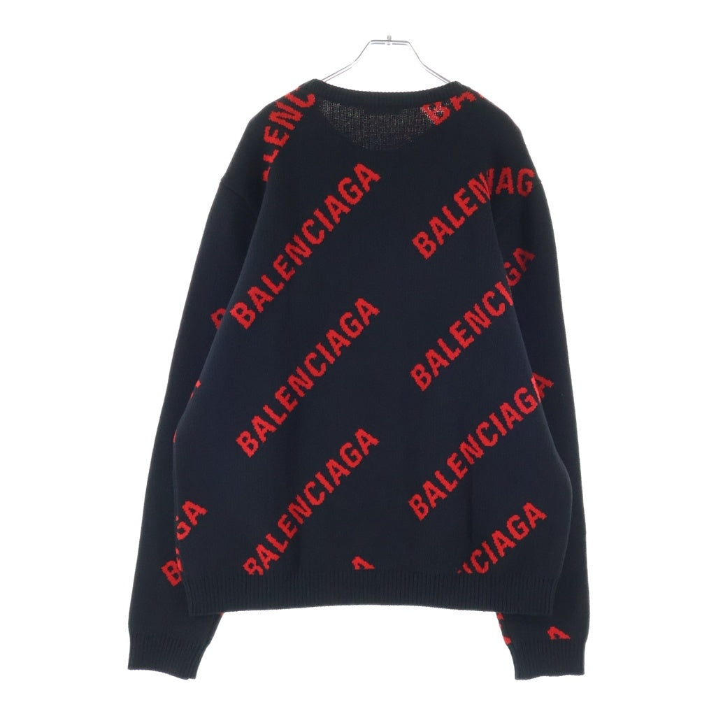 BALENCIAGA(バレンシアガ) 19SS ジャガードロゴ 総柄 クルーネック ニットセーター ネイビー/レッド 570753 T3153