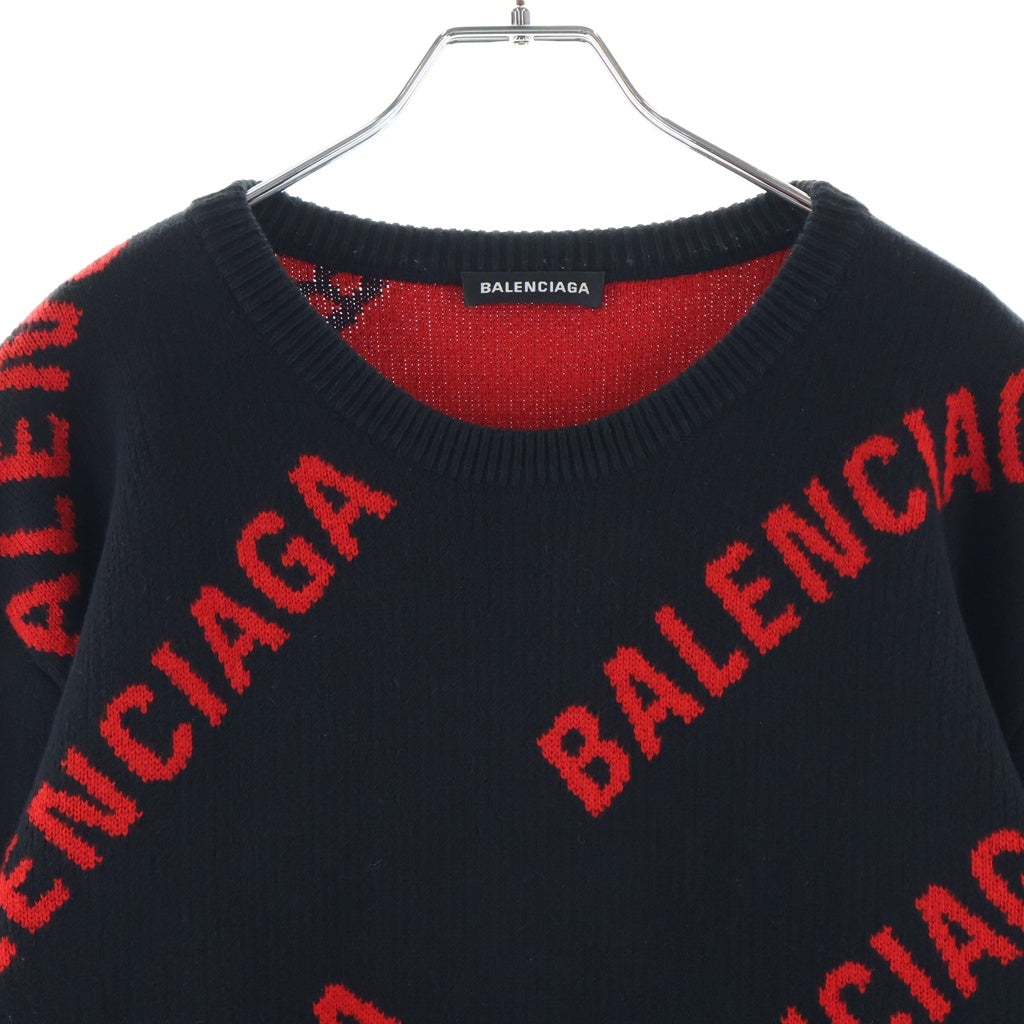 BALENCIAGA(バレンシアガ) 19SS ジャガードロゴ 総柄 クルーネック ニットセーター ネイビー/レッド 570753 T3153