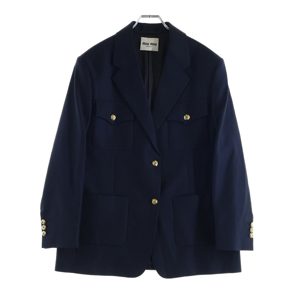 miumiu(ミュウミュウ) 2023 4 Pockets Jacket シングルブレスト 2Bテーラードジャケット バージンウール バックロゴ ネイビー MH1862 レディース