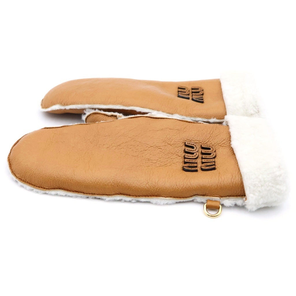 miumiu(ミュウミュウ) 25AW Sheep Skin Leather Globe シープスキン レザーグローブ ロゴ ムートン ミトン型 手袋 ブラウン 5GG104 レディース