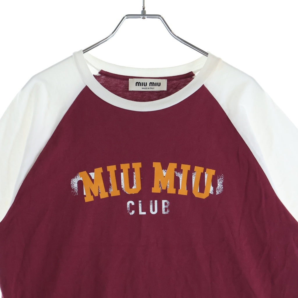 miumiu(ミュウミュウ) ラグランスリーブ フロントロゴプリント 半袖Tシャツ カットソー ワインレッド/ホワイト MJN400 11MV レディース