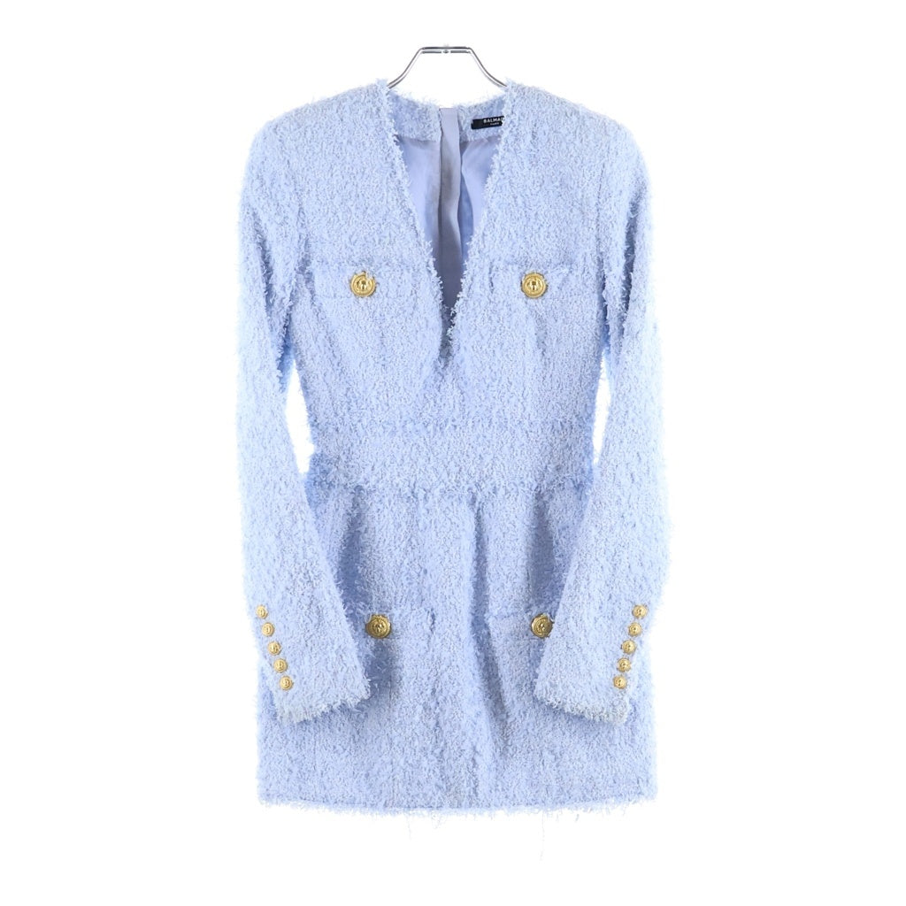BALMAIN(バルマン) V-Neck Tweed Mini Dress vネック ツイードミニドレス 長袖ワンピース メデューサ金ボタン ブルー R8015XC67 レディース