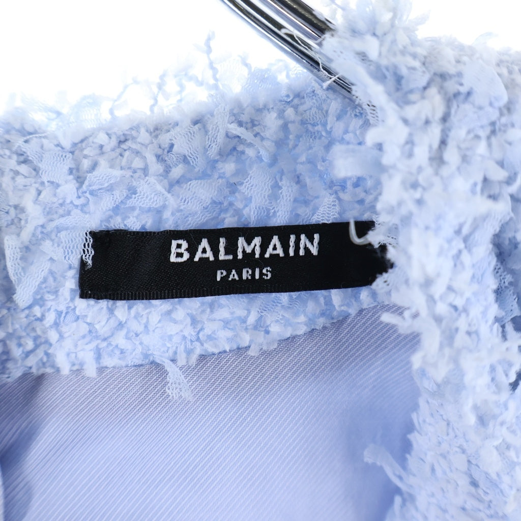 BALMAIN(バルマン) V-Neck Tweed Mini Dress vネック ツイードミニドレス 長袖ワンピース メデューサ金ボタン ブルー R8015XC67 レディース