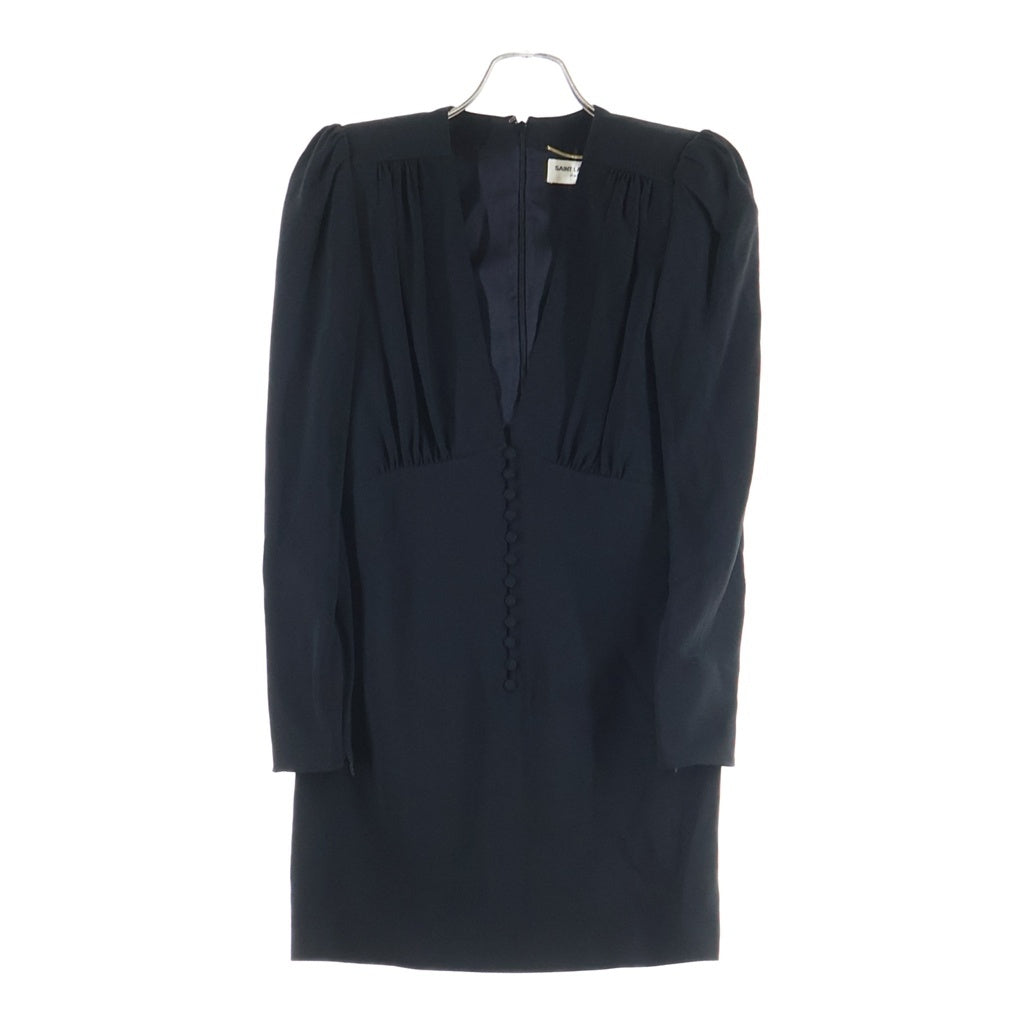 SAINT LAURENT PARIS(サンローランパリ) Deep V ミニドレス バックジップデザインひざ丈ワンピース ブラック #34 RH43 706903 Y012W 1000 レディース