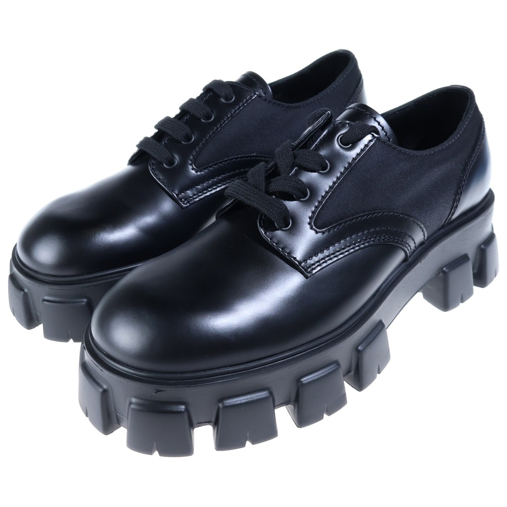 PRADA(プラダ) MONOLITH RE-NYLON LACE-UP SHOES モノリス リナイロン レースアップレザーシューズ プレーントゥ ブラック 2EE342