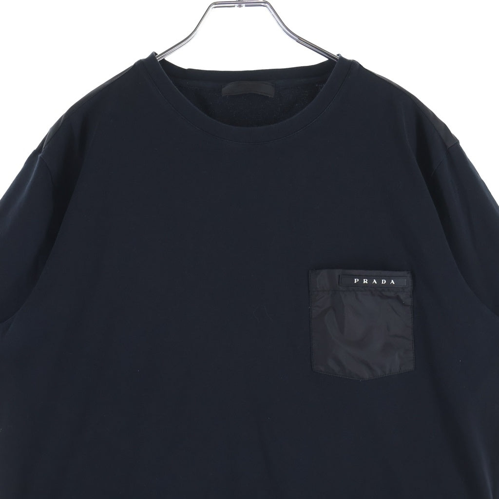 PRADA(プラダ) コットン ナイロン切替 ラバーロゴ クルーネック 半袖Tシャツ カットソー ブラック SJN250