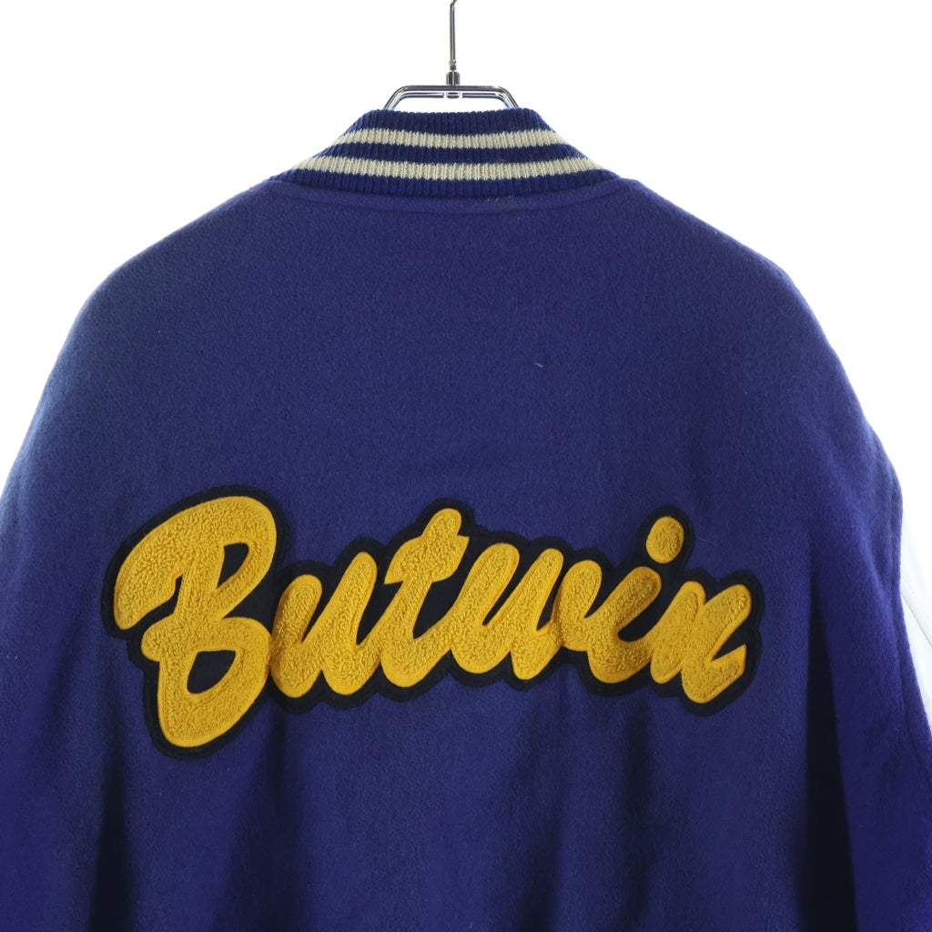 VINTAGE(ヴィンテージ) 90S BUTWIN バトウィン USA製 袖レザードッキング パッチデザイン 裏地キルティング ボタン スタジャン ブルゾン ブルー/ホワイト